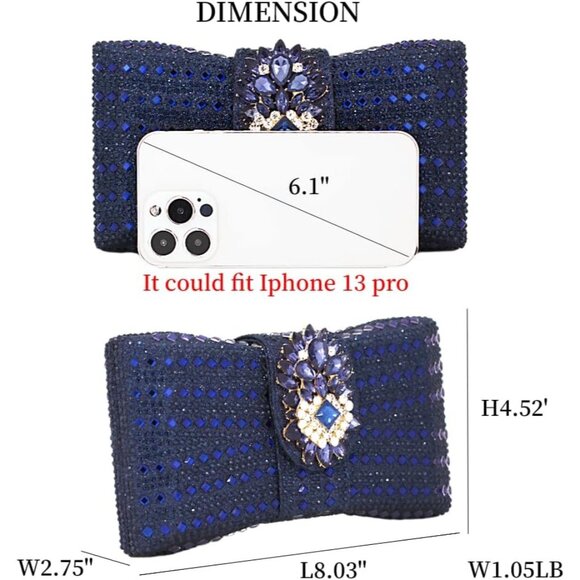 Womens Blue Novelty Bow Evening Silver Rhinestone Party Crystal Clutch - Picture 3 of 8
